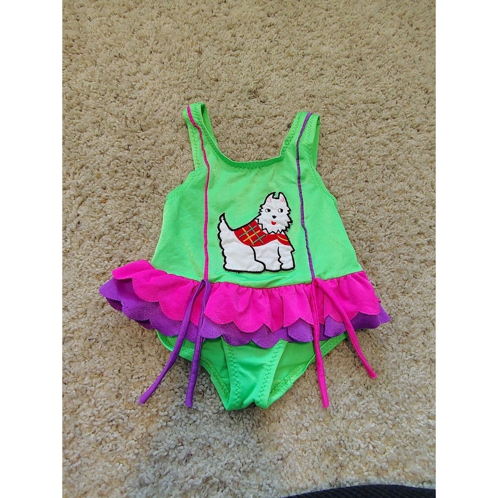 Vtg Love University Nylon Neon Green Scottie Dog Ruffle One Piece Swimsuit 3T